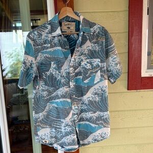 Men's Casual Short-Sleeve Button-Down Shirt - Wave Print Blue